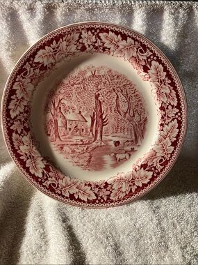 2  Red Dinner Plates Home Sweet Home Currier & Ives By Homer Laughlin 10”